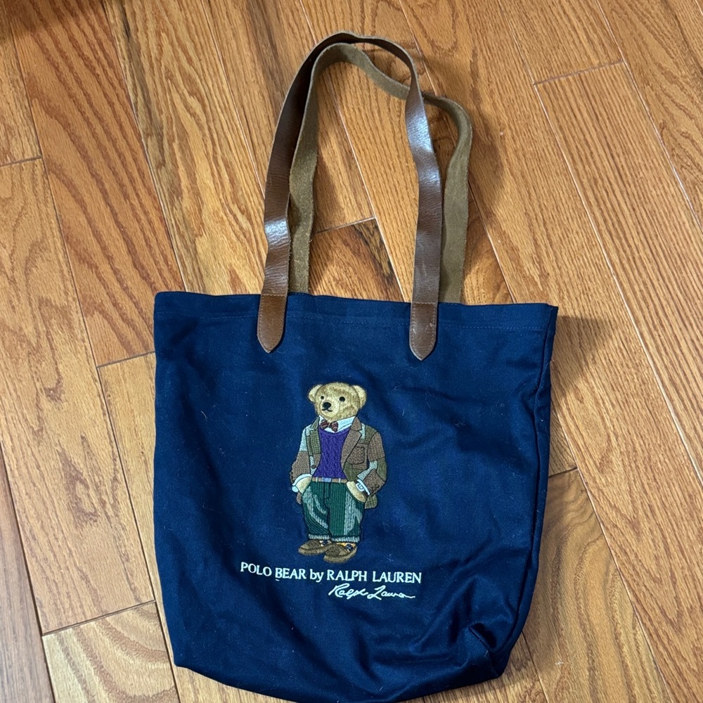 Ralph Lauren Navy Canvas Polo Bear Tote with Brown Leather Straps